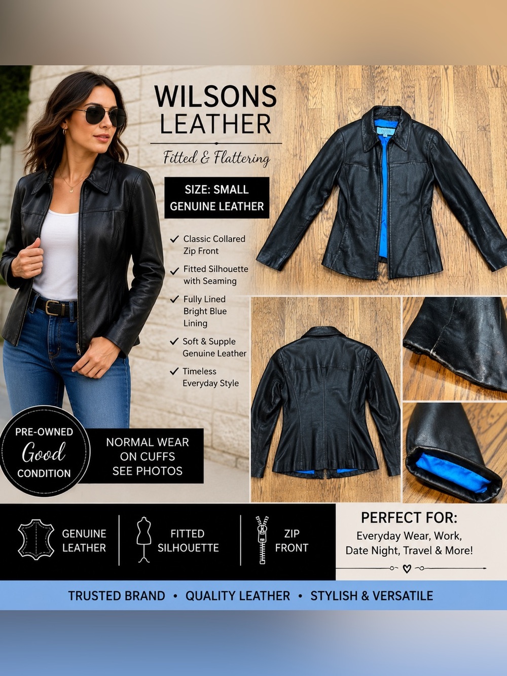Wilsons Leather Black Genuine Leather Fitted Jacket Women’s Size Sma